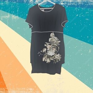 Vintage Dress Short Sleeve Black Dress with Soft White Floral Design 16 Plus